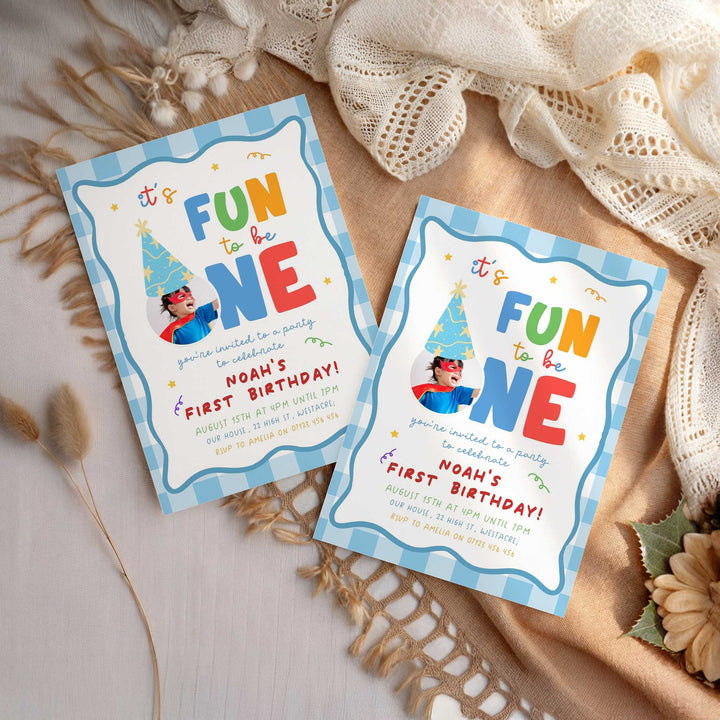 It's Fun To Be One Blue Gingham Birthday Invite
