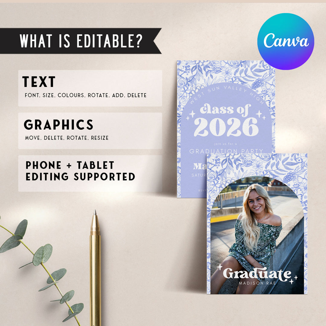 Blue Floral Graduation Announcement