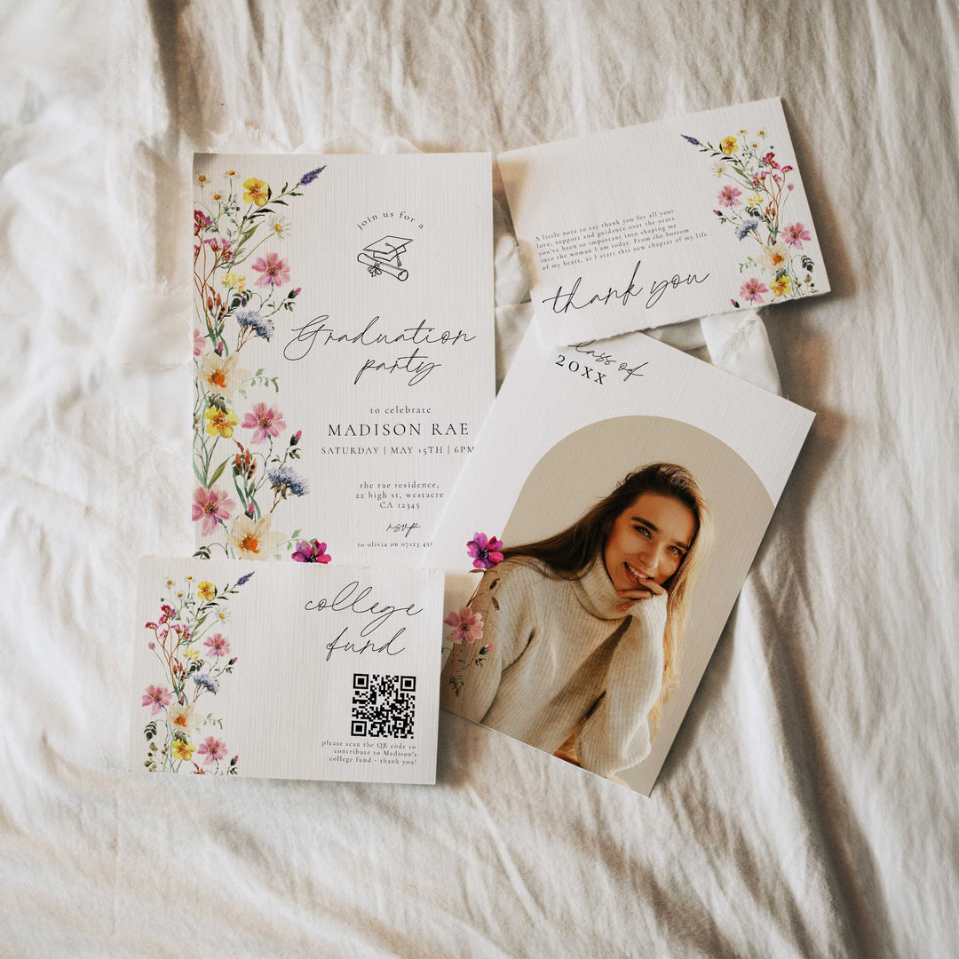 Graduation party invitation, thank you card, and college fund goal tracker on a textured surface.