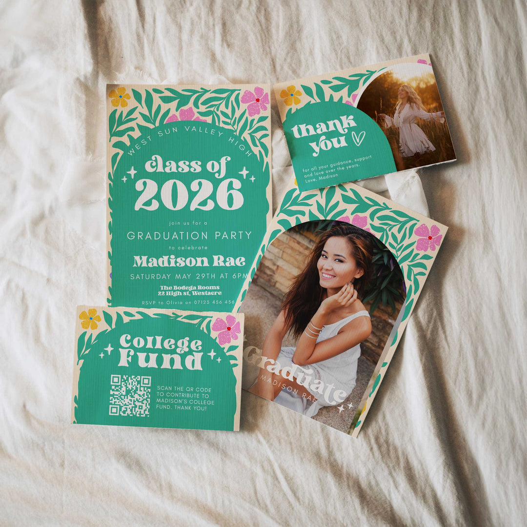 Green Boho Graduation Invitation Bundle Editable Template with thank you card and college fund card
