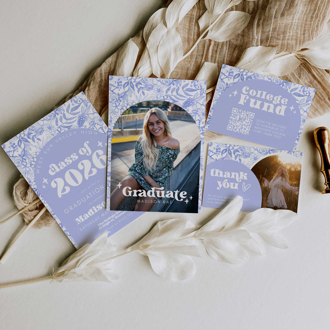 Blue Floral Graduation Invitation Bundle