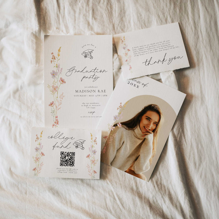 Minimal Floral Graduation Invitation Bundle