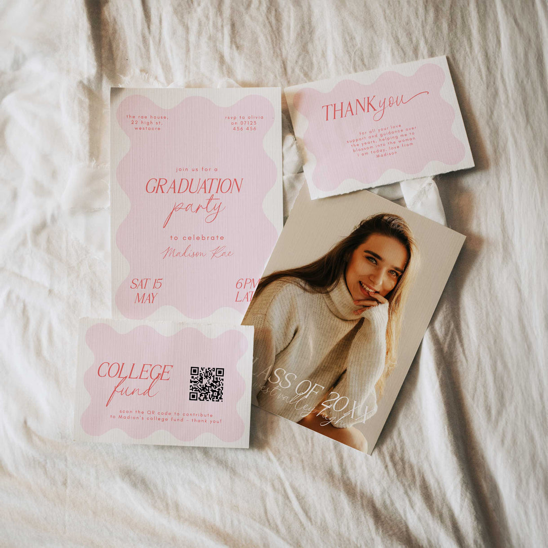 Pink Wavy Graduation Invitation Bundle, Freshly Graduated Party Set Including College Fund Thank You Insert Class Of 2026