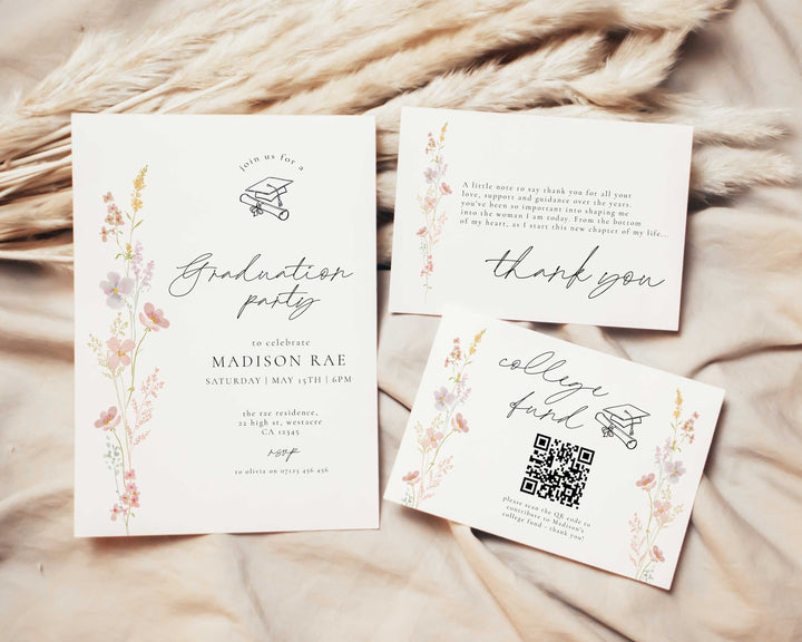 Minimal Floral Graduation Invitation Bundle