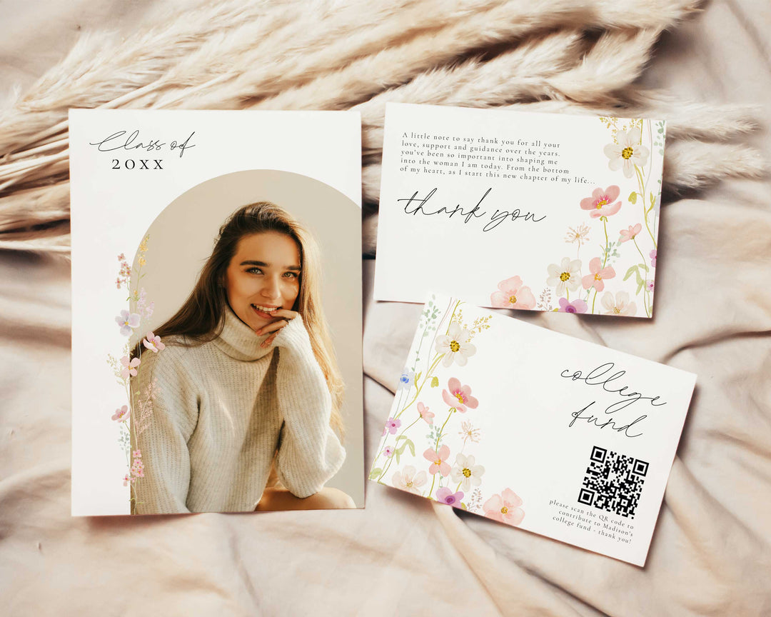 Soft Wildflower Graduation Invitation Bundle, Freshly Graduated Party Set Including College Fund Thank You Insert Class Of 2026