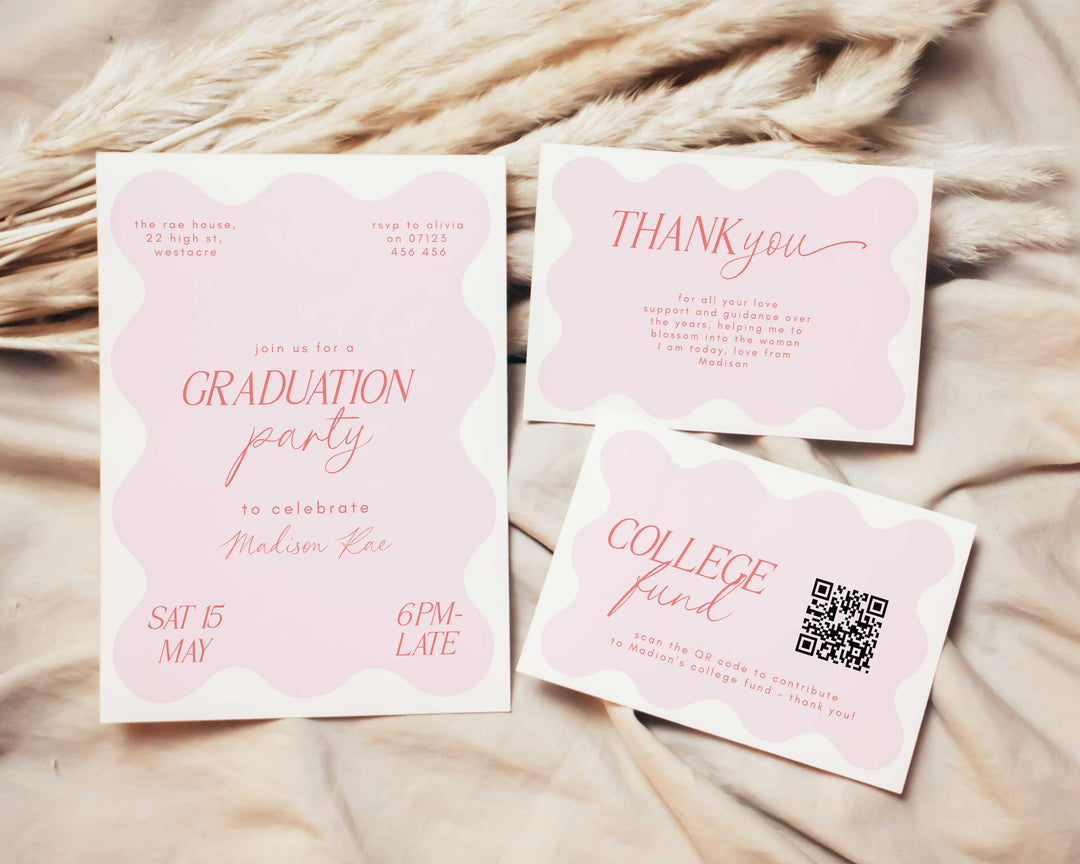 Pink Wavy Graduation Invitation Bundle, Freshly Graduated Party Set Including College Fund Thank You Insert Class Of 2026