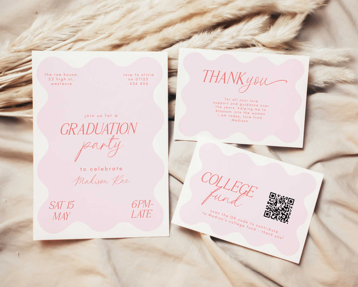 Pink Wavy Graduation Invitation Bundle, Freshly Graduated Party Set Including College Fund Thank You Insert Class Of 2026