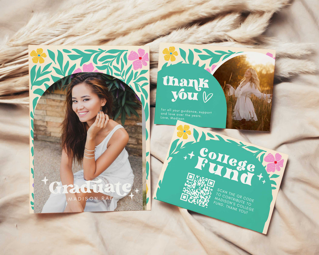 Green Boho Graduation Invitation Bundle Editable Template with thank you card and college fund card