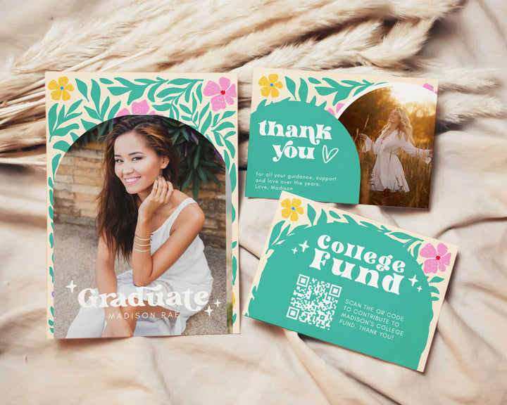 Green Boho Graduation Invitation Bundle Editable Template with thank you card and college fund card