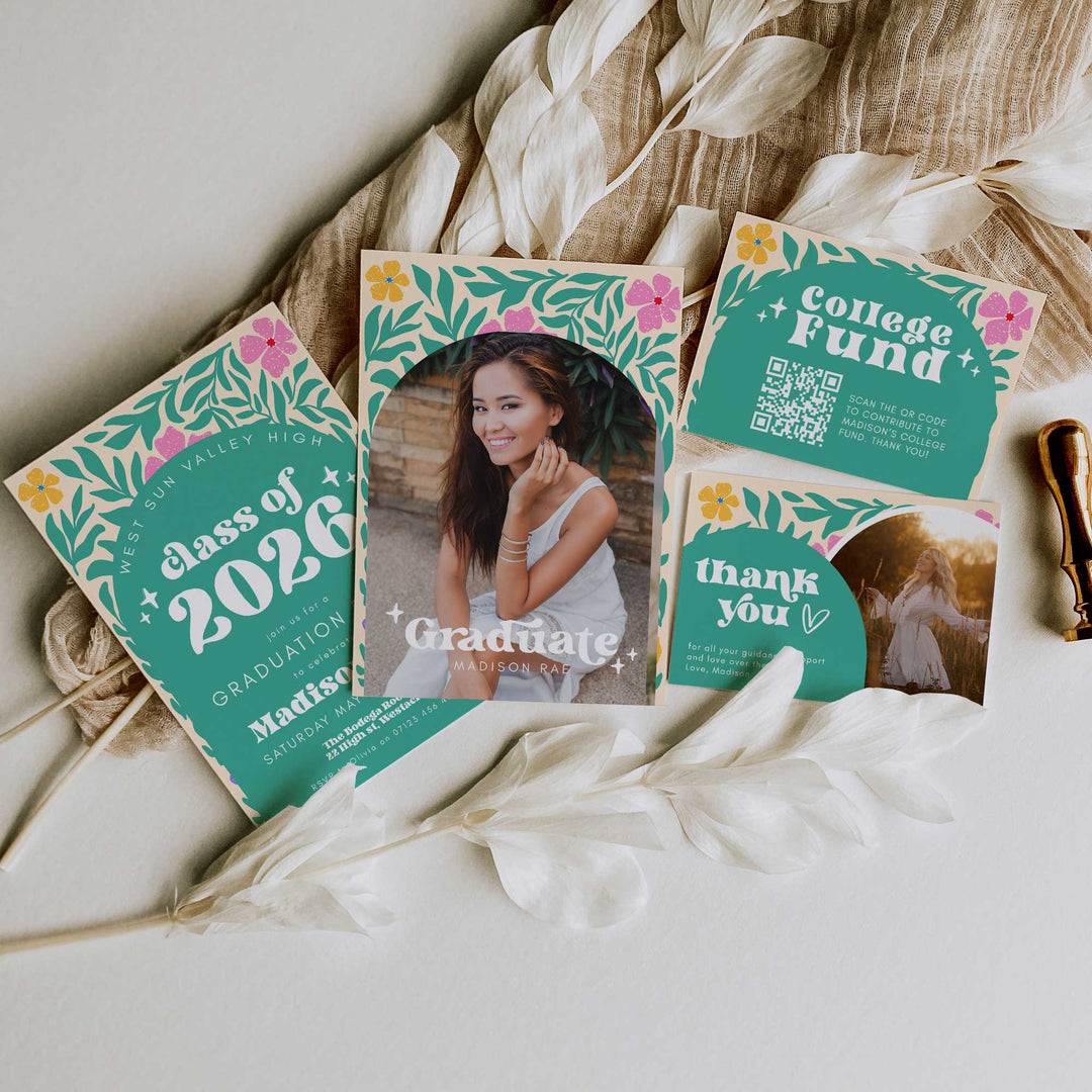 Green Boho Graduation Invitation Bundle Editable Template with thank you card and college fund card