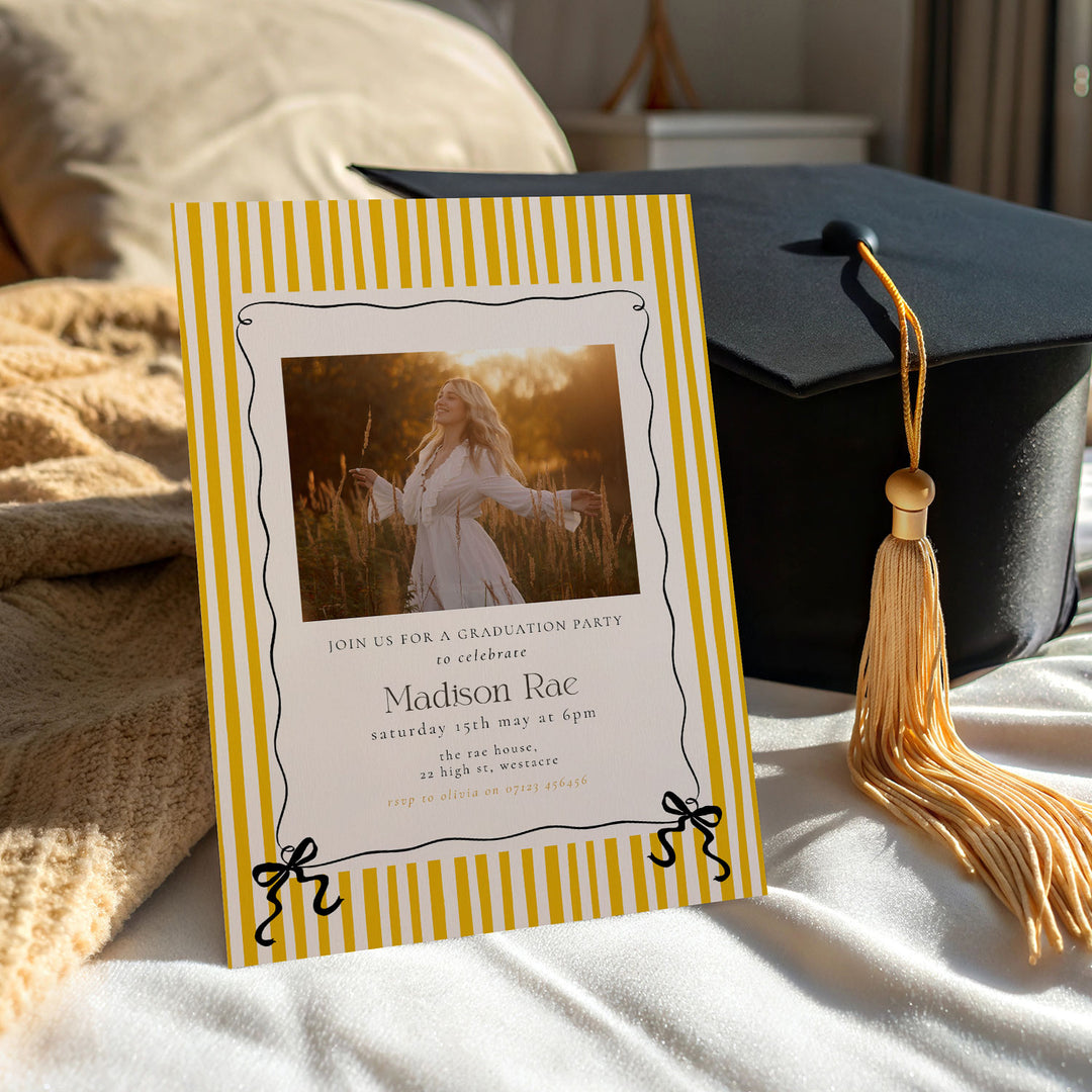 Yellow Striped Graduation Invitation Template, Photo Senior Grad Invite With Bows, Class of 2026 Summer Graduation Photo Invitation Template