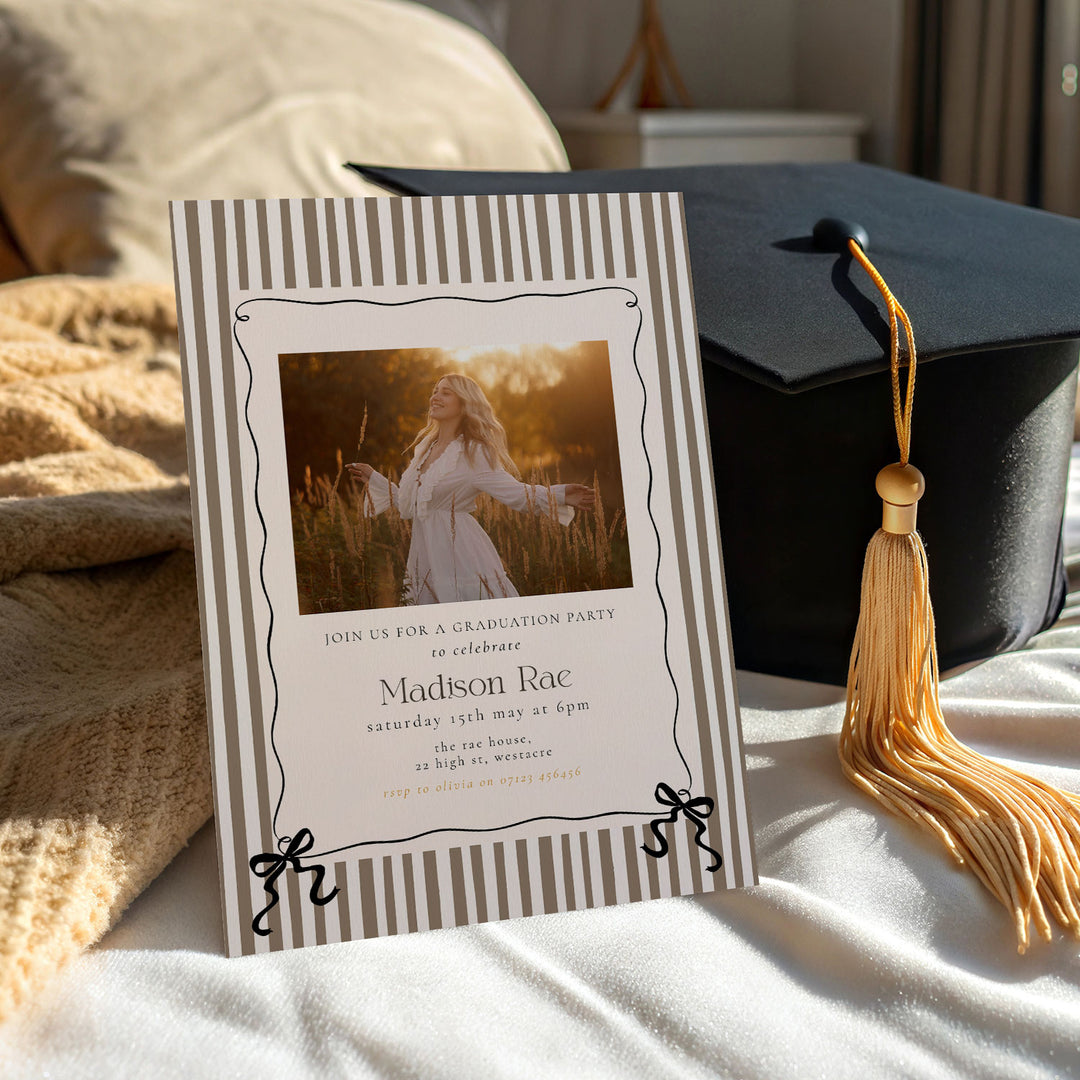 Brown Striped Graduation Invitation Template, Photo Senior Grad Invite With Bows, Class of 2026 Graduation Photo Announcement