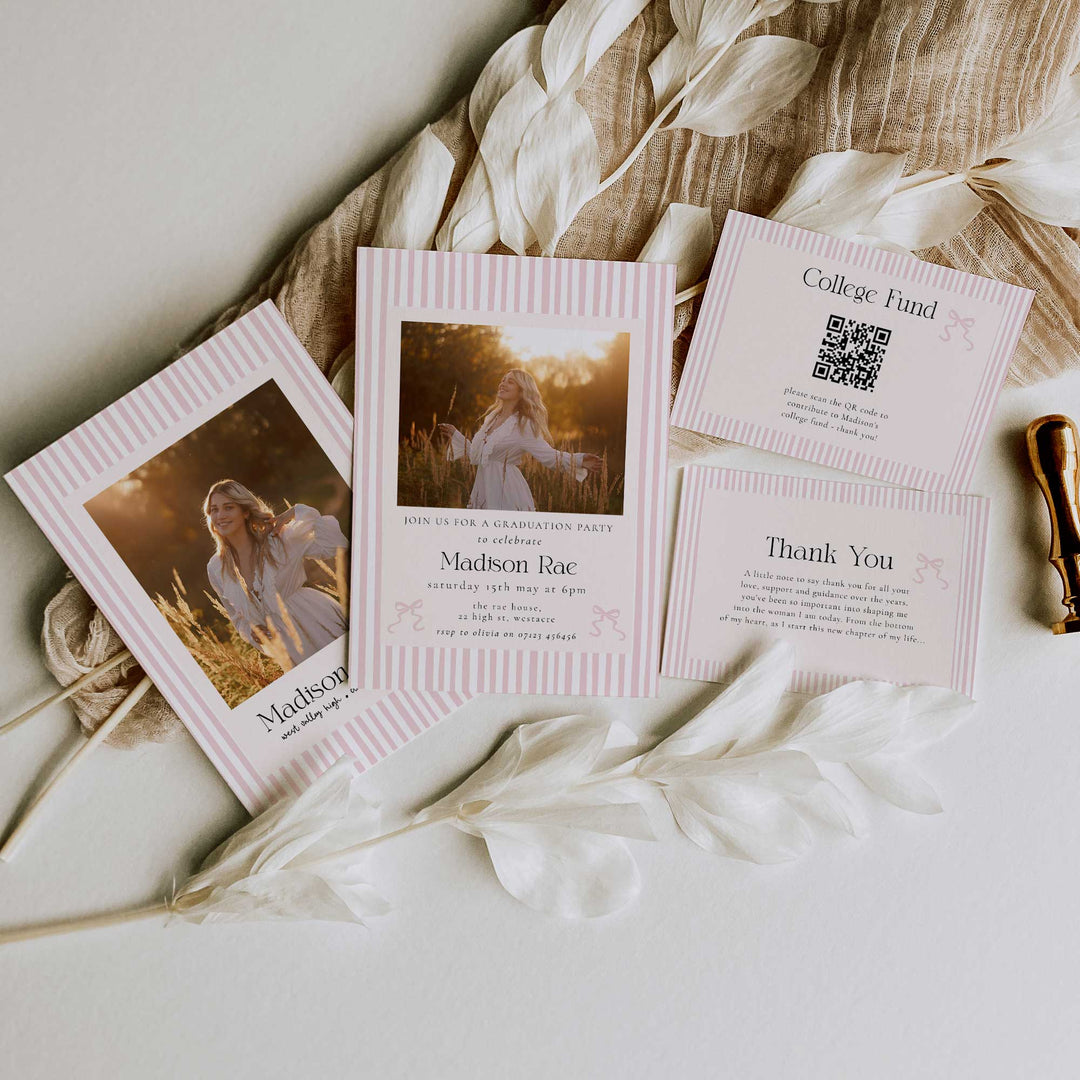 Pink Striped Graduation Invitation Bundle, Preppy Graduated Party Set Including College Fund Thank You Insert Editable Template