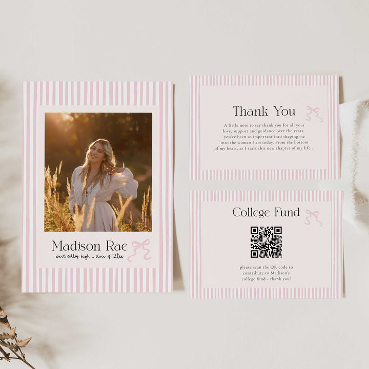 Pink Striped Graduation Invitation Bundle, Preppy Graduated Party Set Including College Fund Thank You Insert Editable Template
