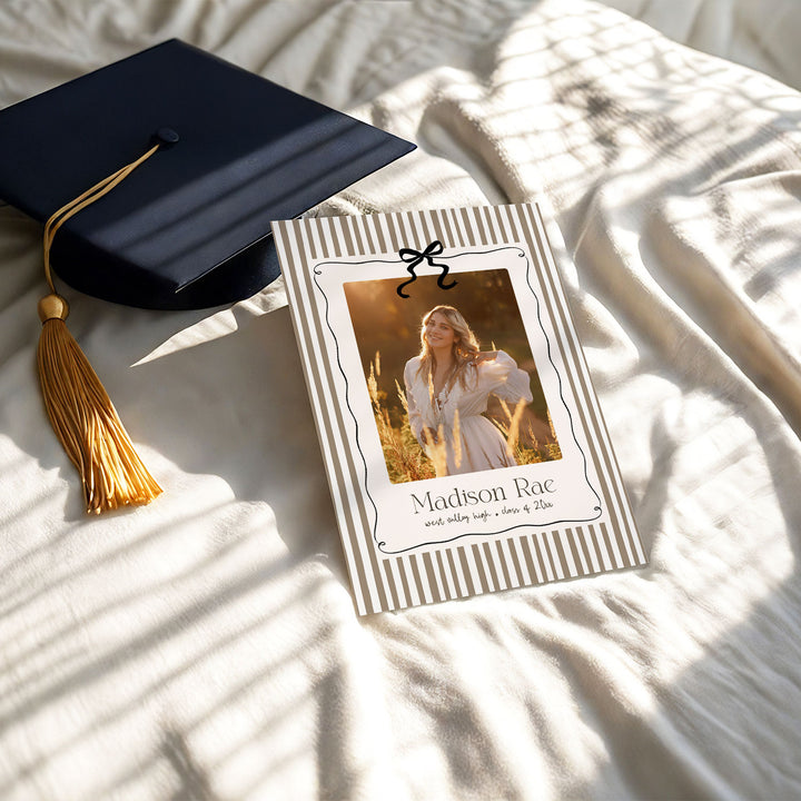 Brown Striped Graduation Invitation Template, Photo Senior Grad Invite With Bows, Class of 2026 Graduation Photo Announcement
