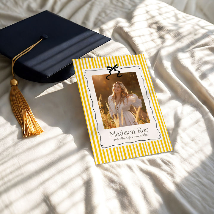 Yellow Striped Graduation Invitation Template, Photo Senior Grad Invite With Bows, Class of 2026 Summer Graduation Photo Invitation Template