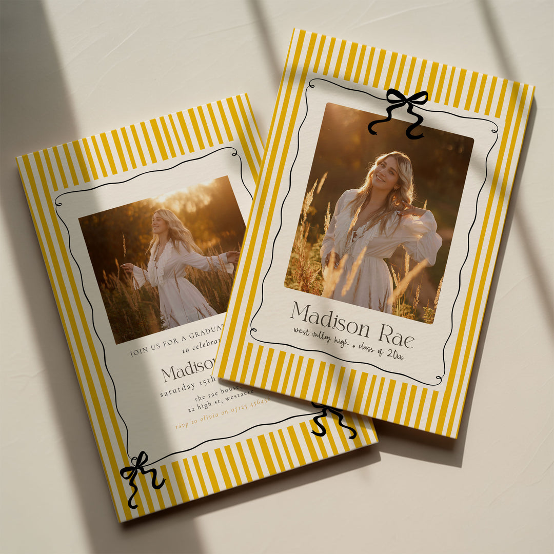 Yellow Striped Graduation Invitation Template, Photo Senior Grad Invite With Bows, Class of 2026 Summer Graduation Photo Invitation Template
