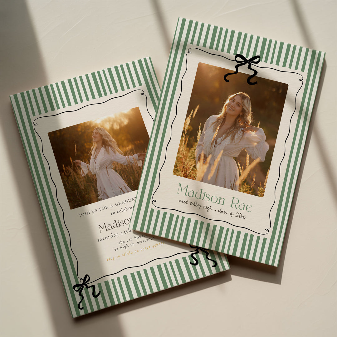 Green Striped Graduation Announcement Template, Senior Grad Invite With Bows, Class of 2026 Graduation Photo Card Editable Canva Template