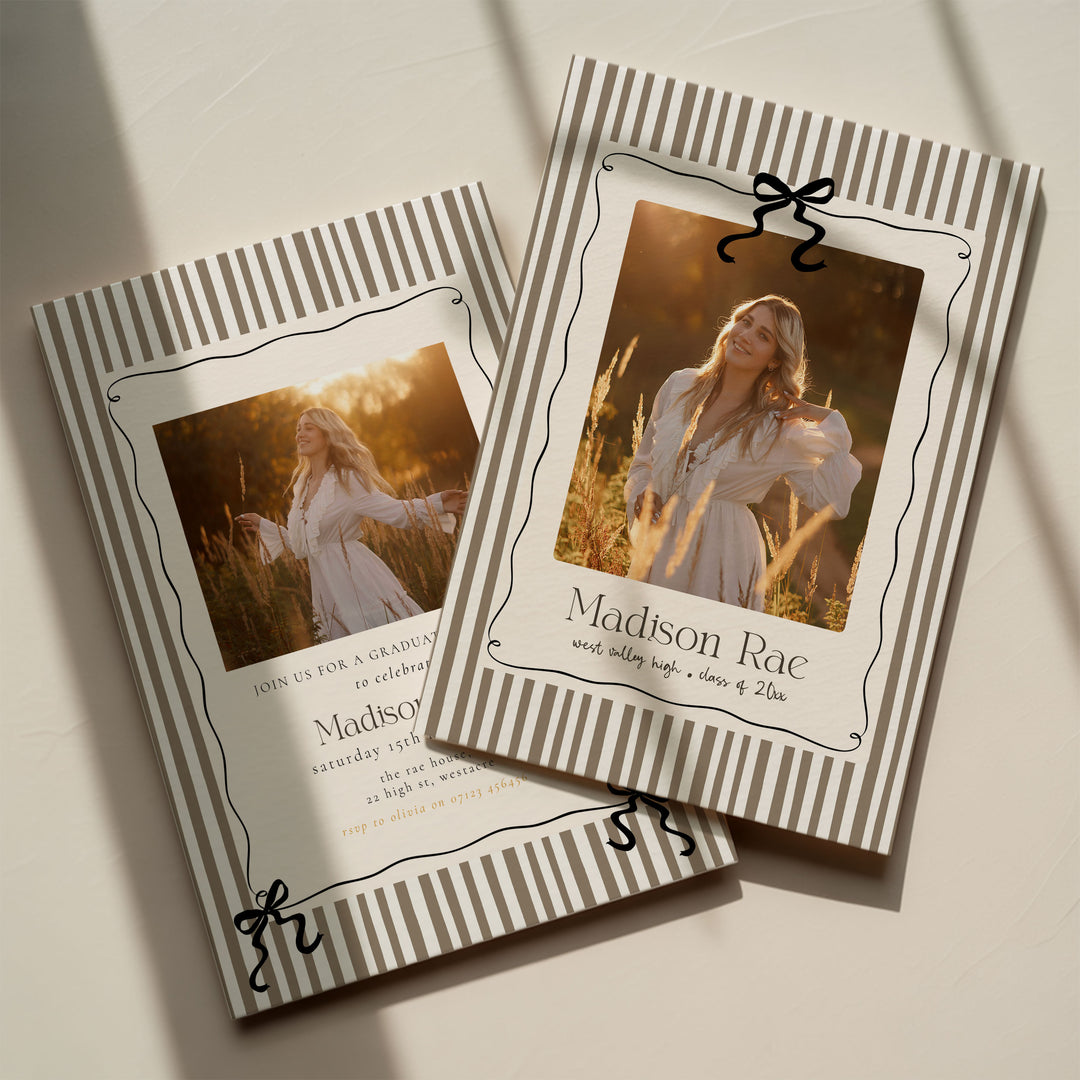 Brown Striped Graduation Invitation Template, Photo Senior Grad Invite With Bows, Class of 2026 Graduation Photo Announcement