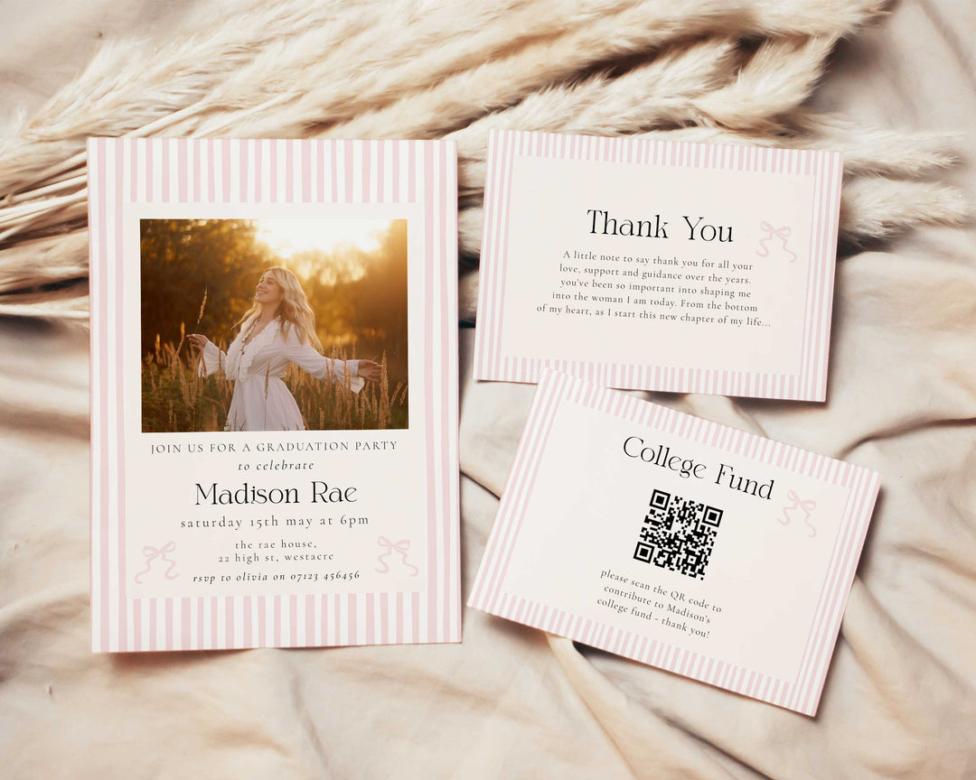 Pink Striped Graduation Invitation Bundle, Preppy Graduated Party Set Including College Fund Thank You Insert Editable Template