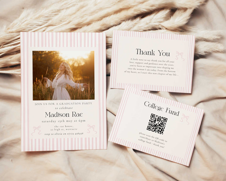 Pink Striped Graduation Invitation Bundle, Preppy Graduated Party Set Including College Fund Thank You Insert Editable Template
