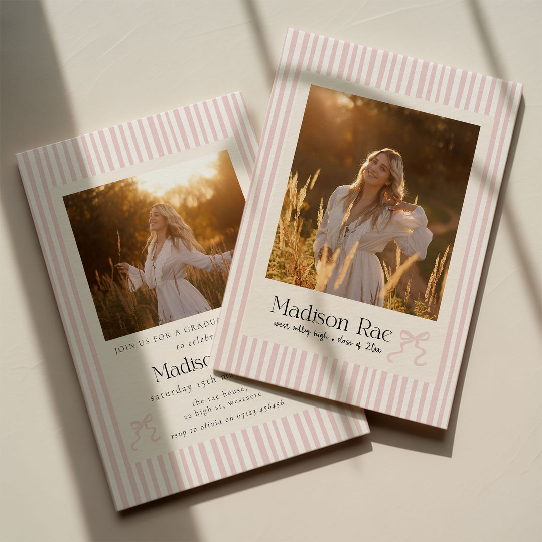 Pink Striped Graduation Invitation Template, Preppy Graduation Invite With Bows, Class of 2026 Summer Graduation Photo Invitation Template