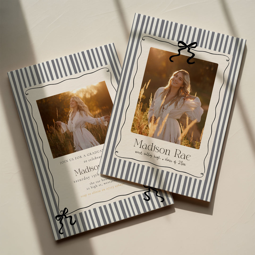 Two graduation invitations with a photo of a woman in a field on a beige background