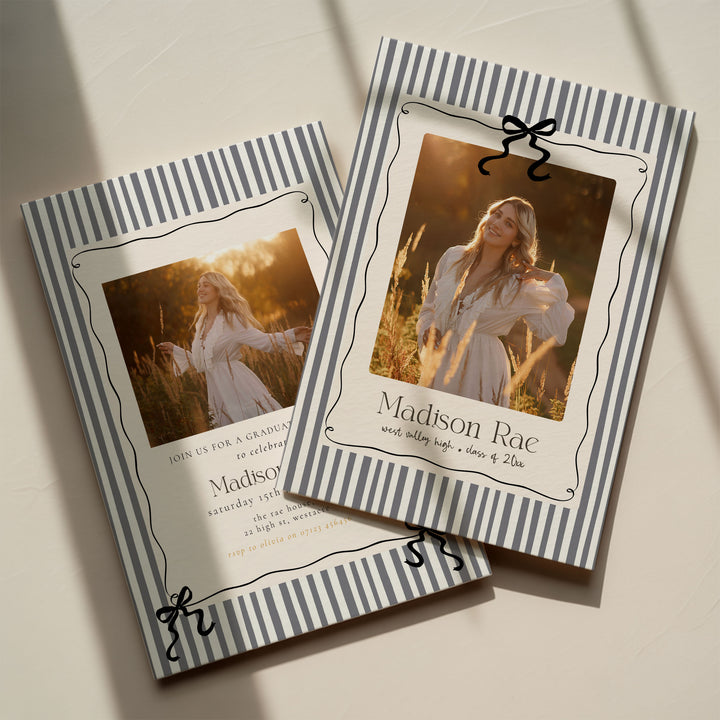 Two graduation invitations with a photo of a woman in a field on a beige background