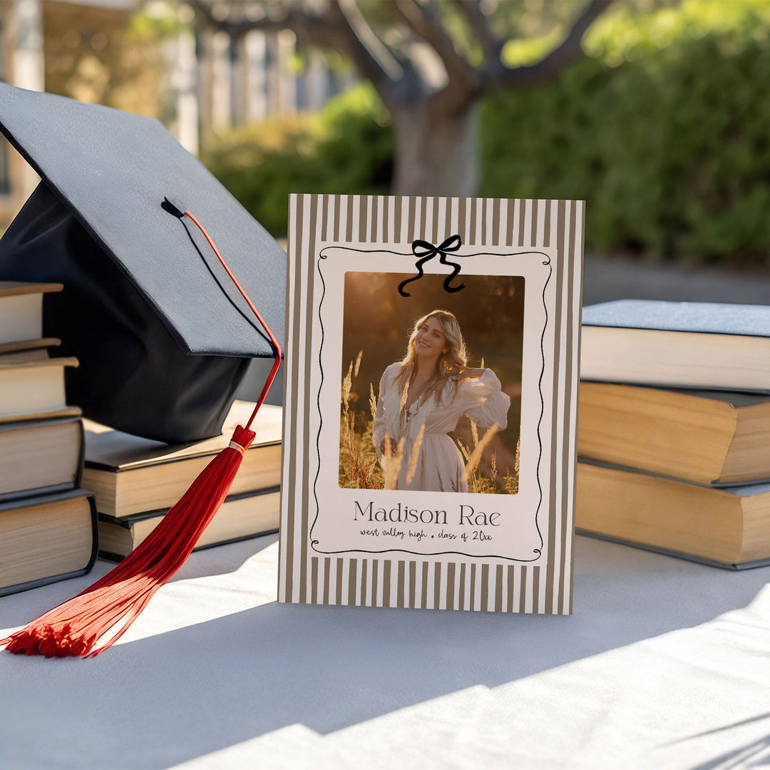 Brown Striped Graduation Invitation Template, Photo Senior Grad Invite With Bows, Class of 2026 Graduation Photo Announcement