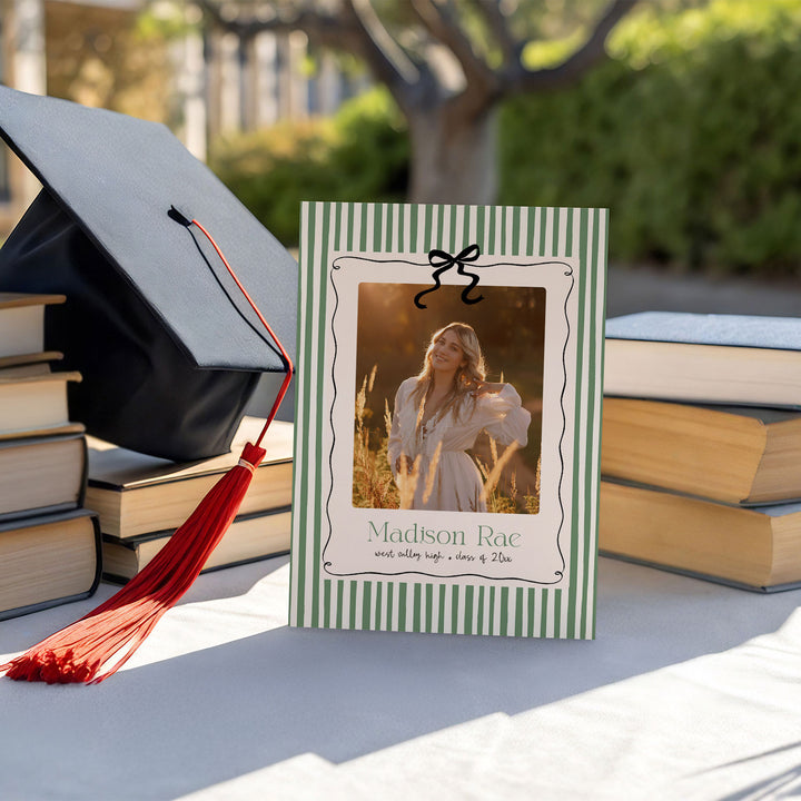 Green Striped Graduation Announcement Template, Senior Grad Invite With Bows, Class of 2026 Graduation Photo Card Editable Canva Template