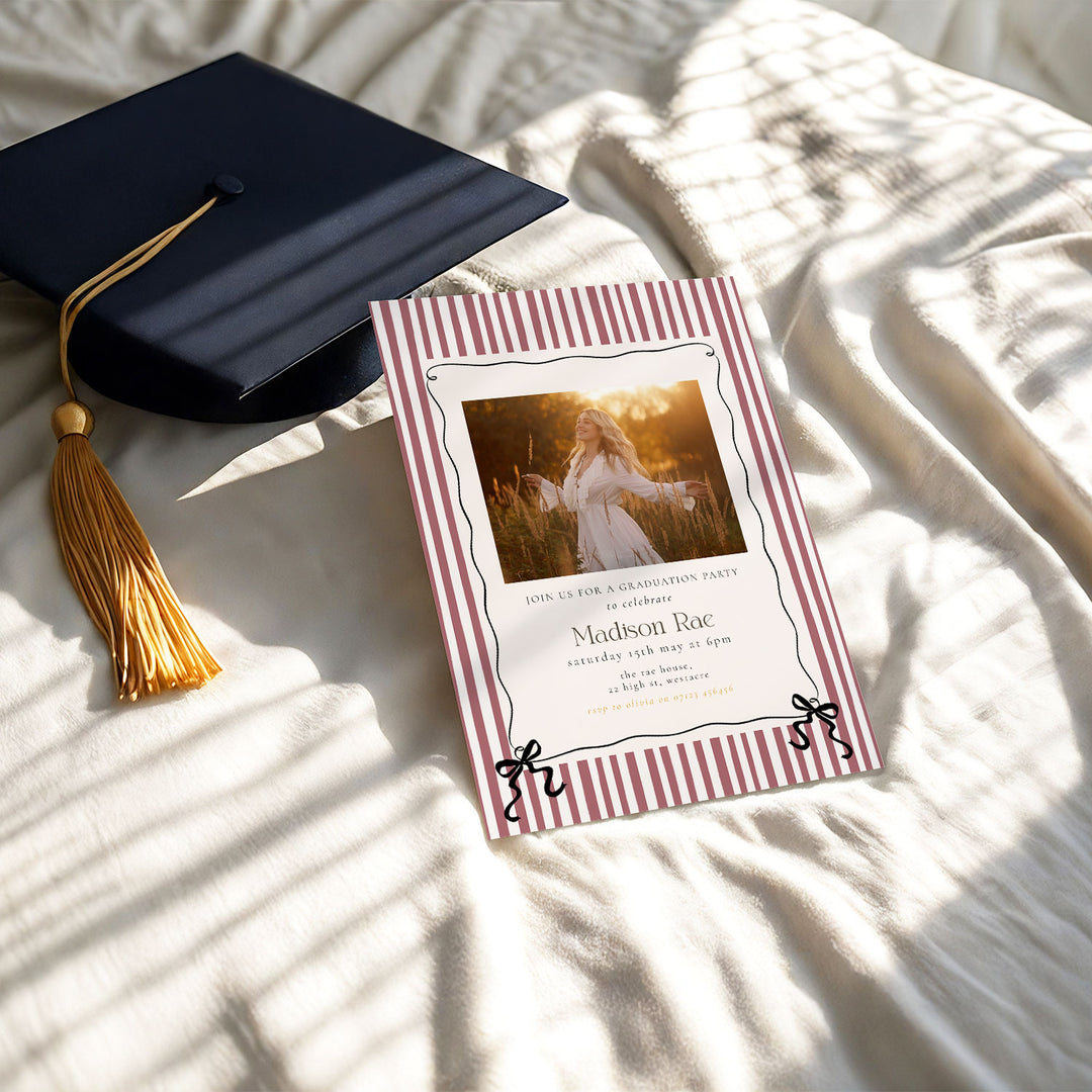Maroon Striped Graduation Invitation Template, Photo Senior Grad Invite With Bows, Class of 2026 Graduation Photo Invitation Template
