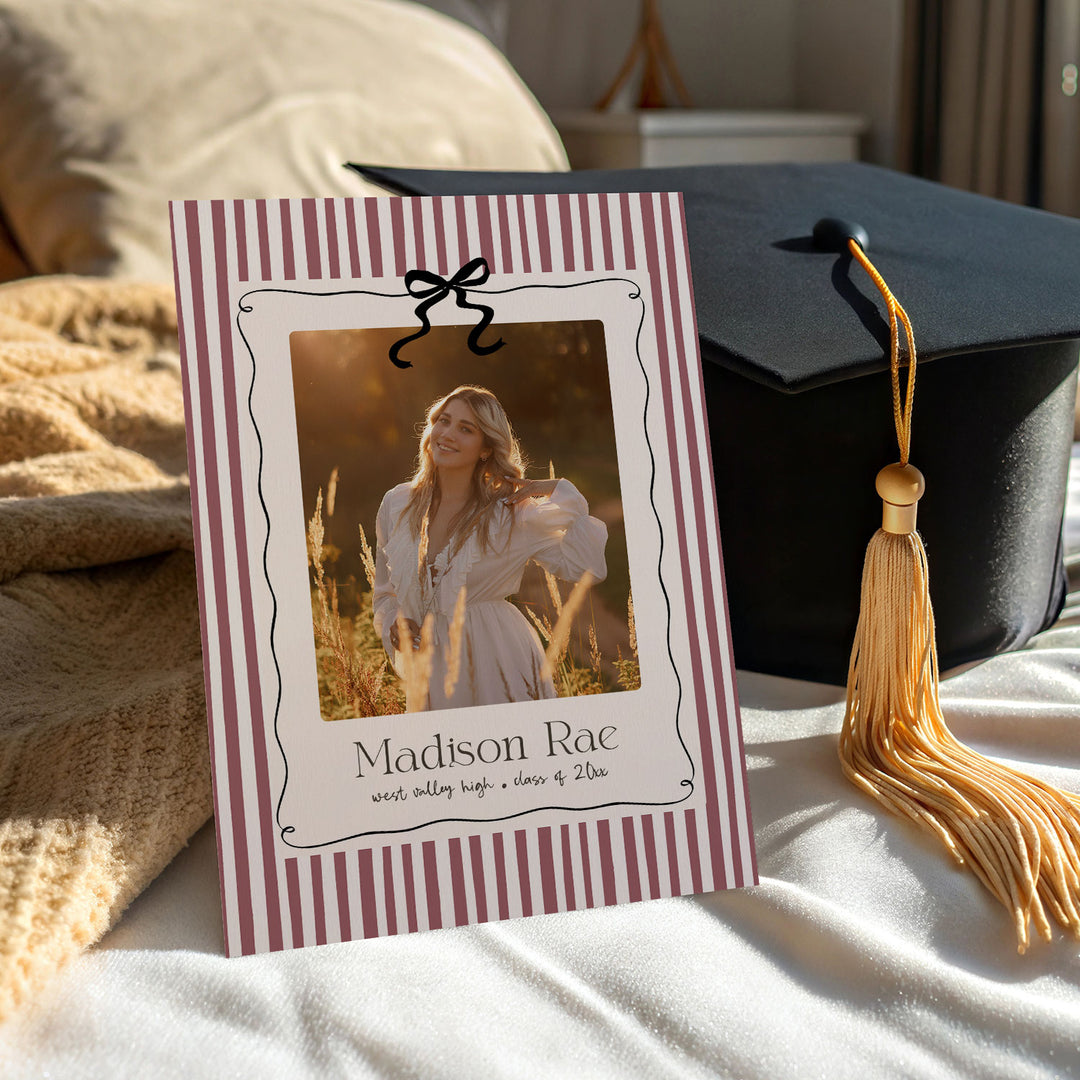 Maroon Striped Graduation Invitation Template, Photo Senior Grad Invite With Bows, Class of 2026 Graduation Photo Invitation Template