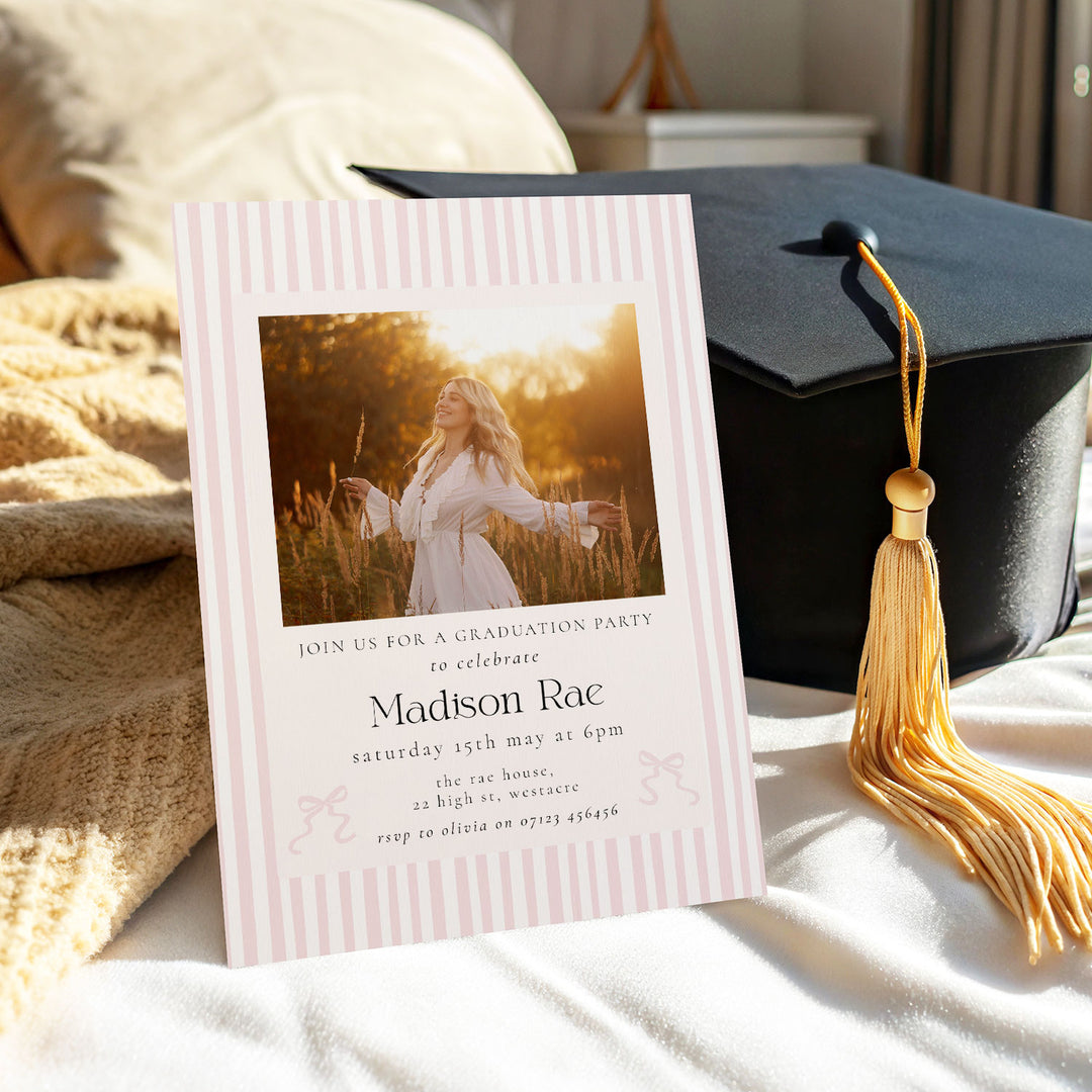Pink Striped Graduation Invitation Template, Preppy Graduation Invite With Bows, Class of 2026 Summer Graduation Photo Invitation Template