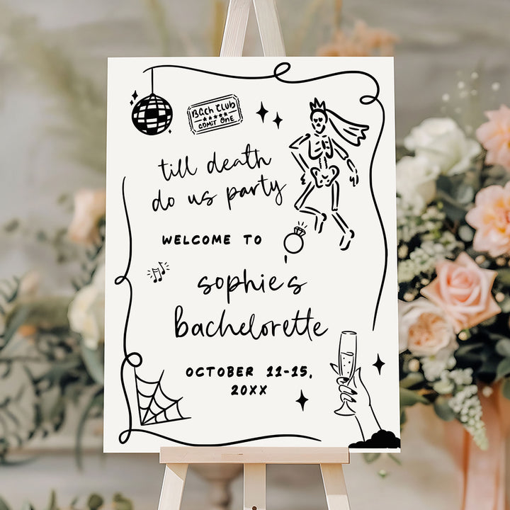 Editable Halloween bridal party sign with black-and-white design and playful illustrations, perfect for festive October bachelorette events.