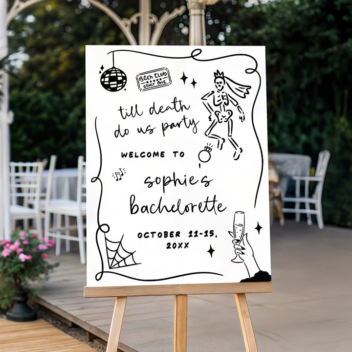 Skeleton bride Halloween sign with music notes and "Bach Club Admit One" ticket illustration, ideal for themed girls' night or weekend getaway.
