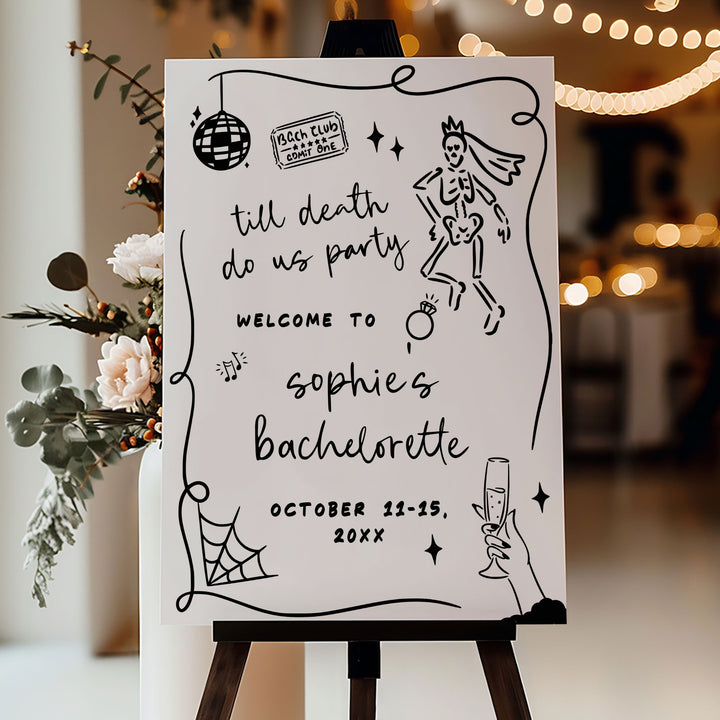 Halloween bachelorette sign with gothic party vibe, personalized with bride’s name and weekend date for fall celebrations.