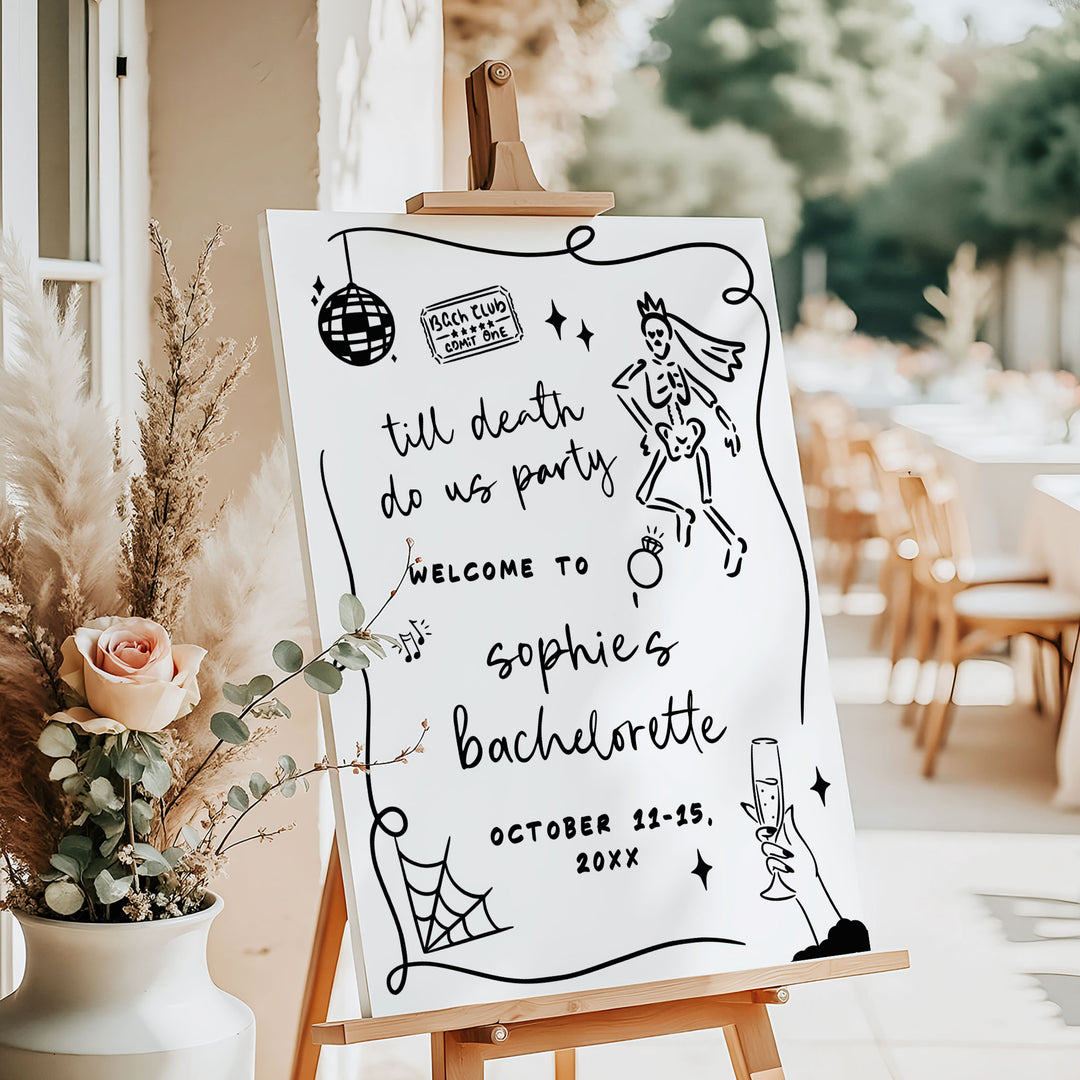 Fun October bachelorette decor sign featuring skeleton and glitter balloon background, perfect for bridal party entryway.