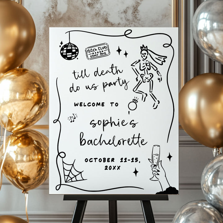 Editable October bachelorette welcome sign with cobwebs, skeleton, and disco icons, perfect for celebrating the bride-to-be in spooky style.