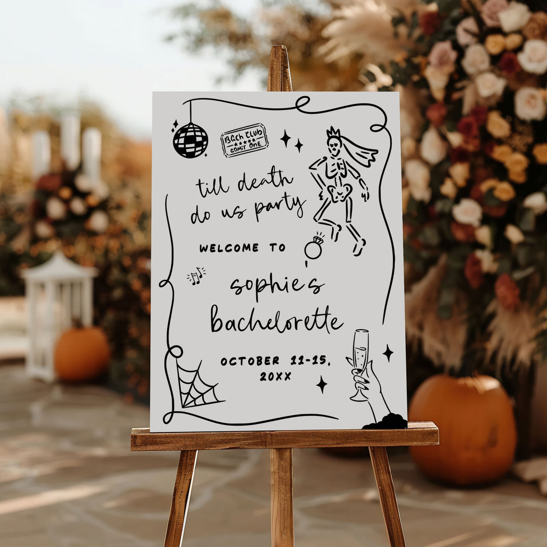 Halloween bachelorette party welcome sign with dancing skeleton bride, perfect for spooky-themed bridal weekends or October celebrations.