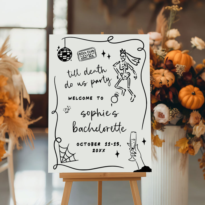 "Till Death Do Us Party" sign with skeleton and disco ball design, a fun and bold decoration for Halloween bridal showers.