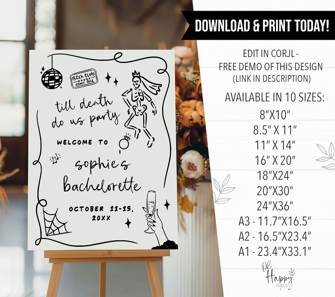 Custom bachelorette welcome sign featuring bride skeleton with veil, champagne glass, and cobweb accents, ideal for fall party decor.