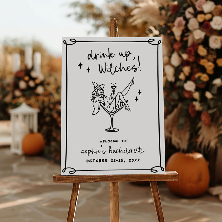 Halloween bachelorette decor sign with witchy glam design and editable text, ideal for setting the vibe at fall bridal events.