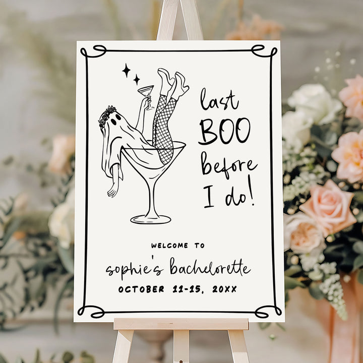 Halloween bachelorette party signage with playful ghost in cocktail illustration, personalized for the bride and weekend celebration.