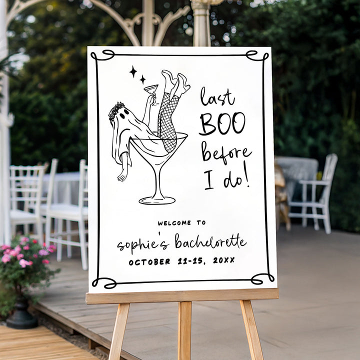 Personalized ghost-themed bridal party sign with editable text, great for October weddings, girls trips, or bachelorette weekends.