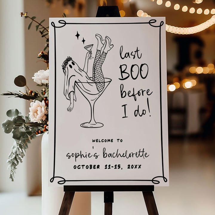 Funny ghost-themed bachelorette sign saying ‘Last Boo Before I Do,’ perfect for Halloween brides and autumn bachelorette parties