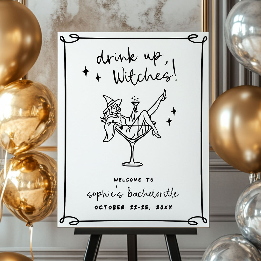 Halloween bachelorette welcome sign with witch in martini glass, perfect for spooky bridal party weekends or October girls trips.