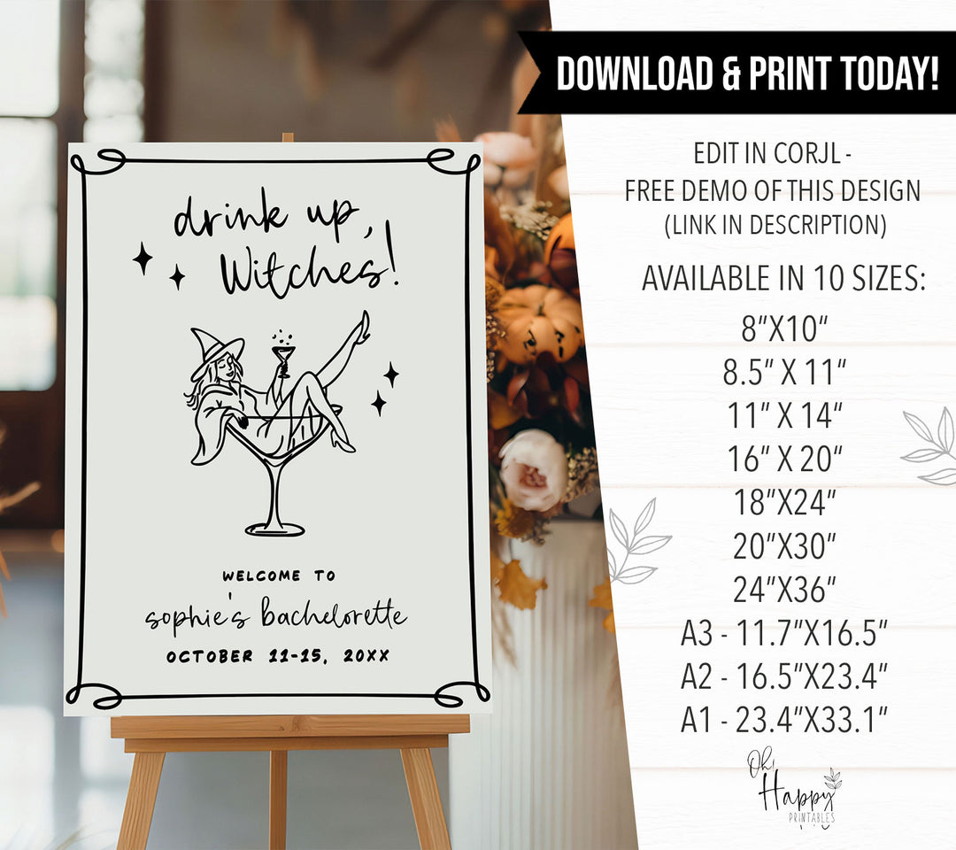 “Drink Up Witches” sign featuring stylish witch bride in cocktail glass, ideal for Halloween-themed bachelorette celebrations.