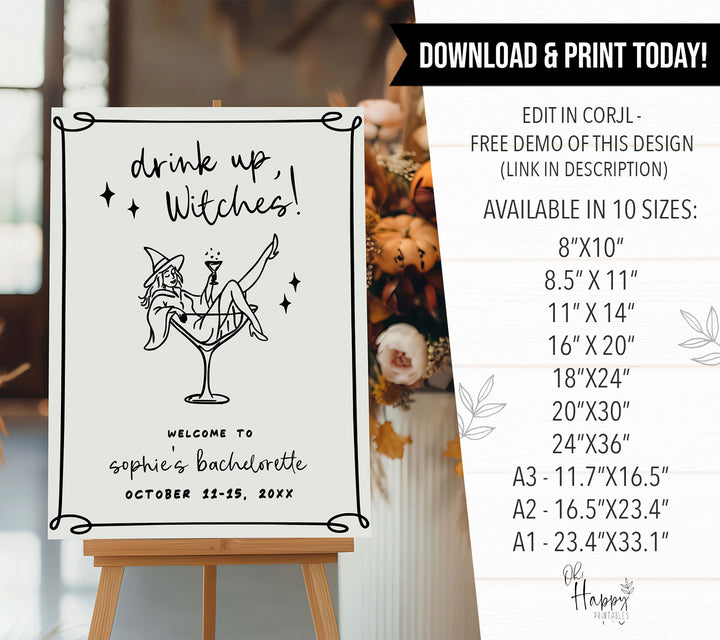 “Drink Up Witches” sign featuring stylish witch bride in cocktail glass, ideal for Halloween-themed bachelorette celebrations.