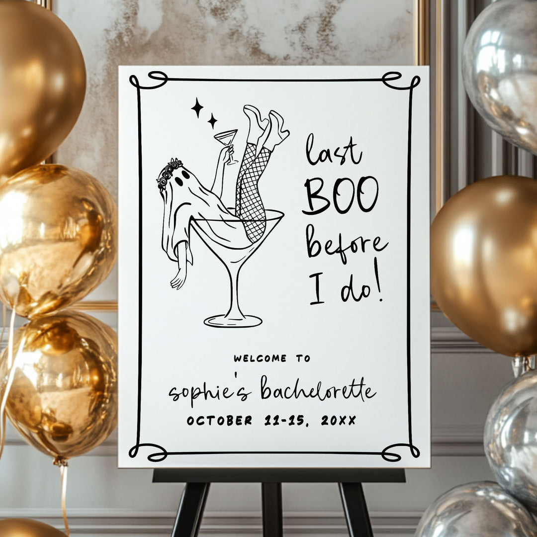 Stylish Halloween-themed welcome sign for bridal showers and bachelorette weekends, featuring playful ghost illustration.