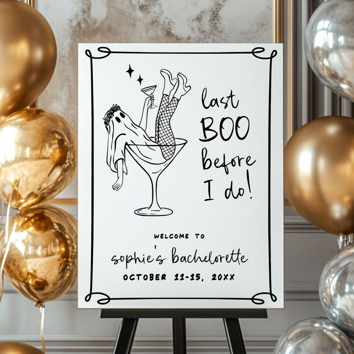Stylish Halloween-themed welcome sign for bridal showers and bachelorette weekends, featuring playful ghost illustration.